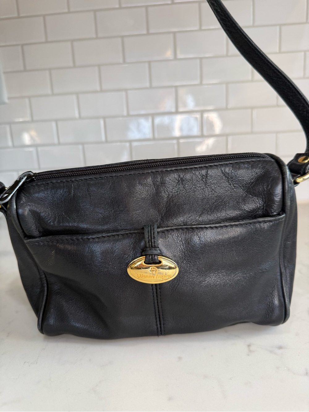 Vintage Etienne Aigner Black Leather Crossbody with Gold Emblem